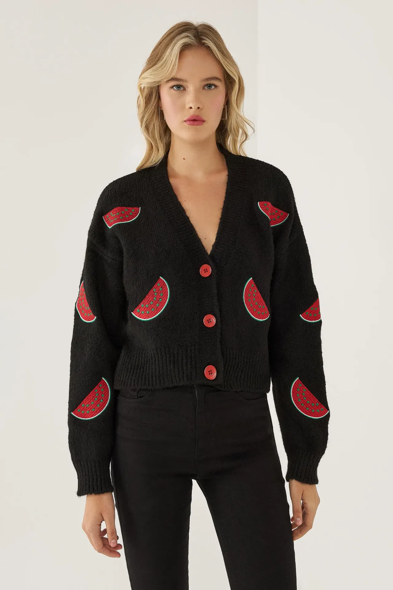 Fruit Pattern V-Neck Button Cardigan