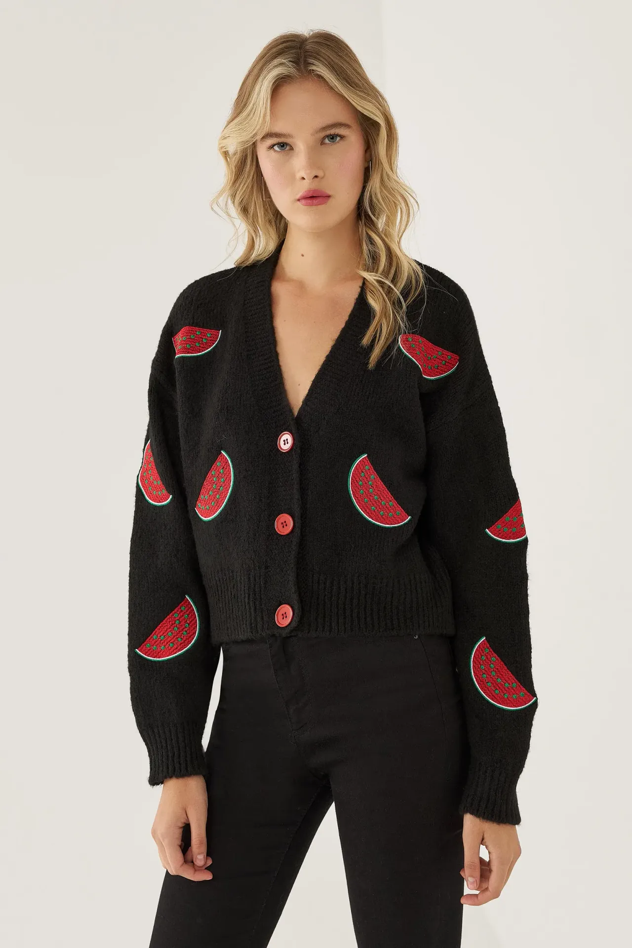 Fruit Pattern V-Neck Button Cardigan