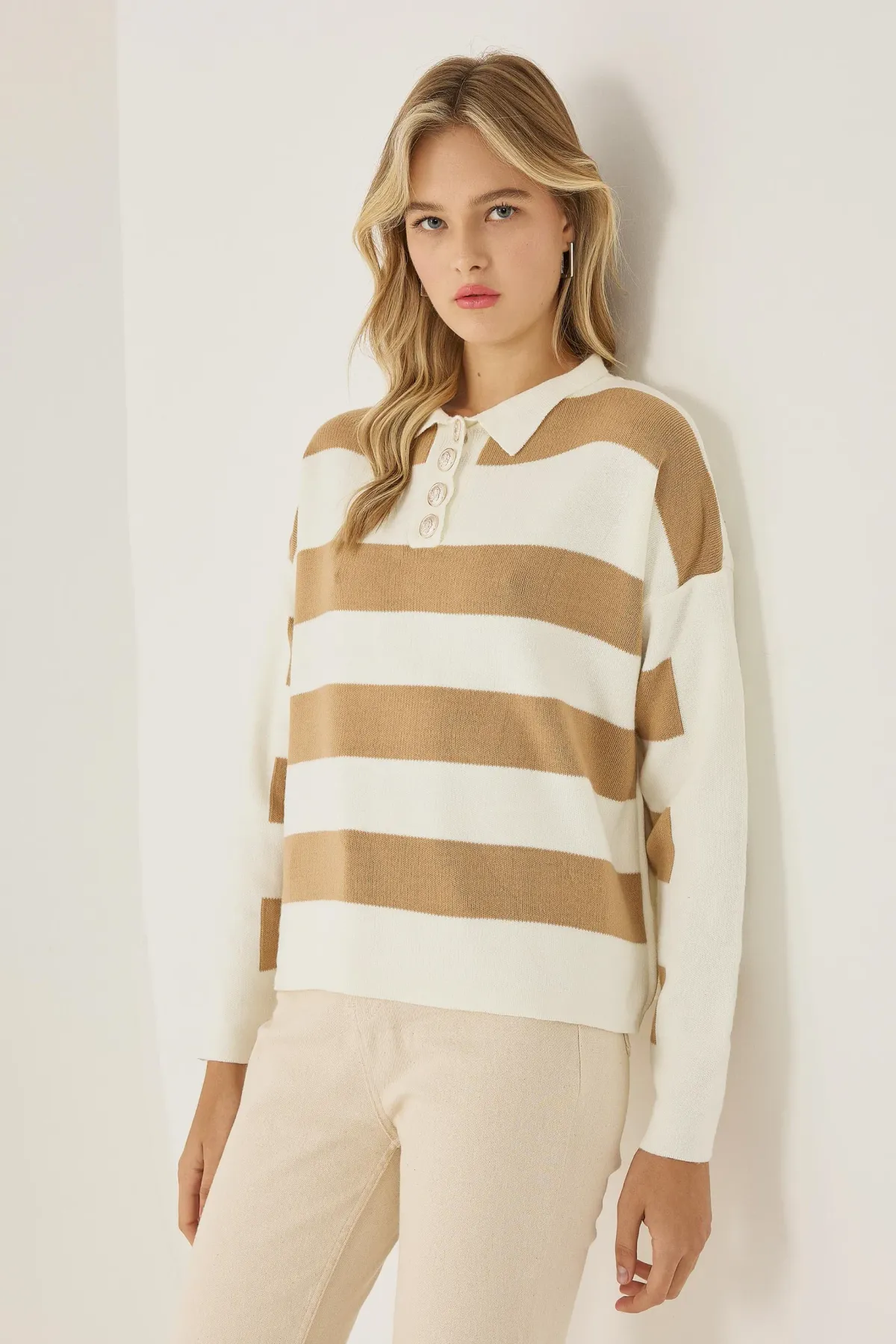 Striped Knitwear Sweater with Button Collar 1