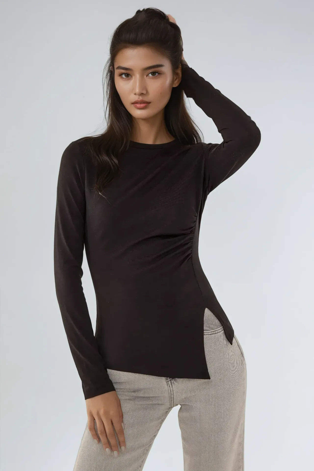 Asymmetric Long Sleeve Crew Neck Top