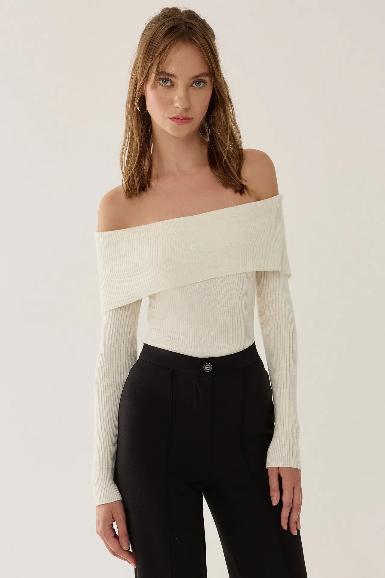 Off Shoulder Madonna Collar Knit Top