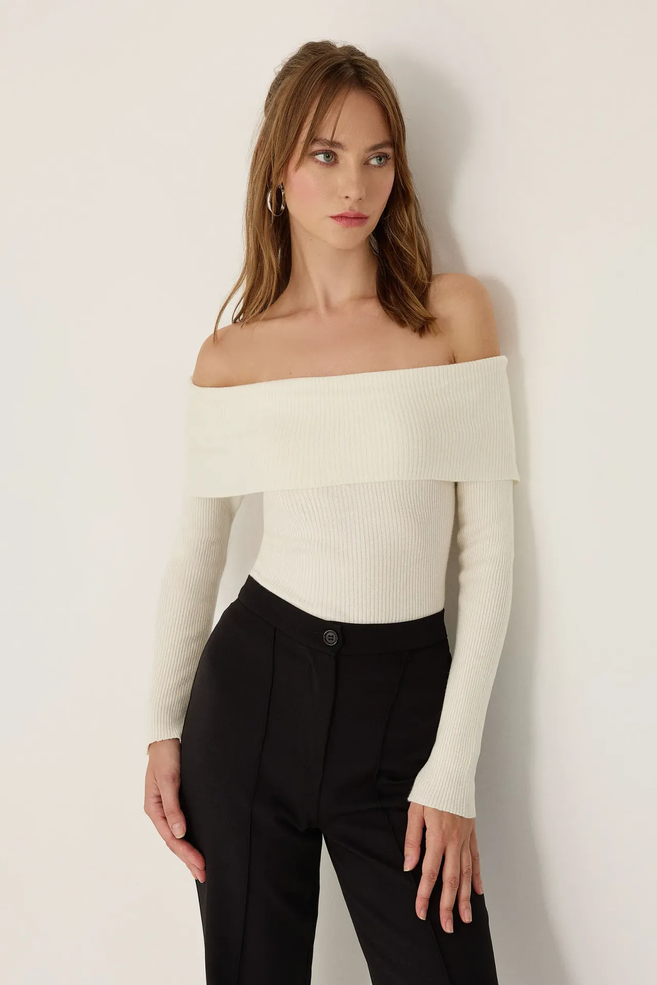 Off Shoulder Madonna Collar Knit Top