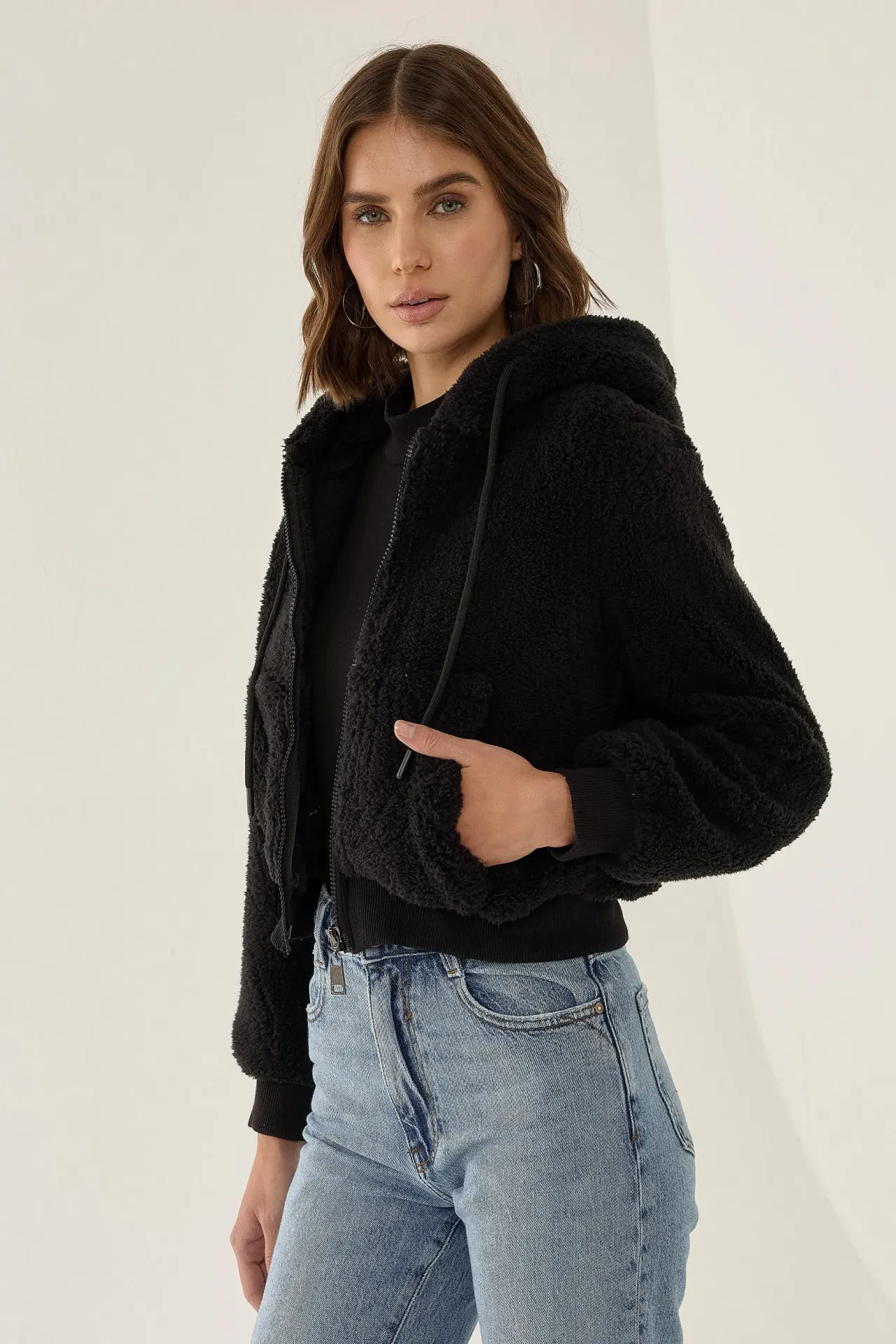 Plush Crop Jacket with Zipper Collar