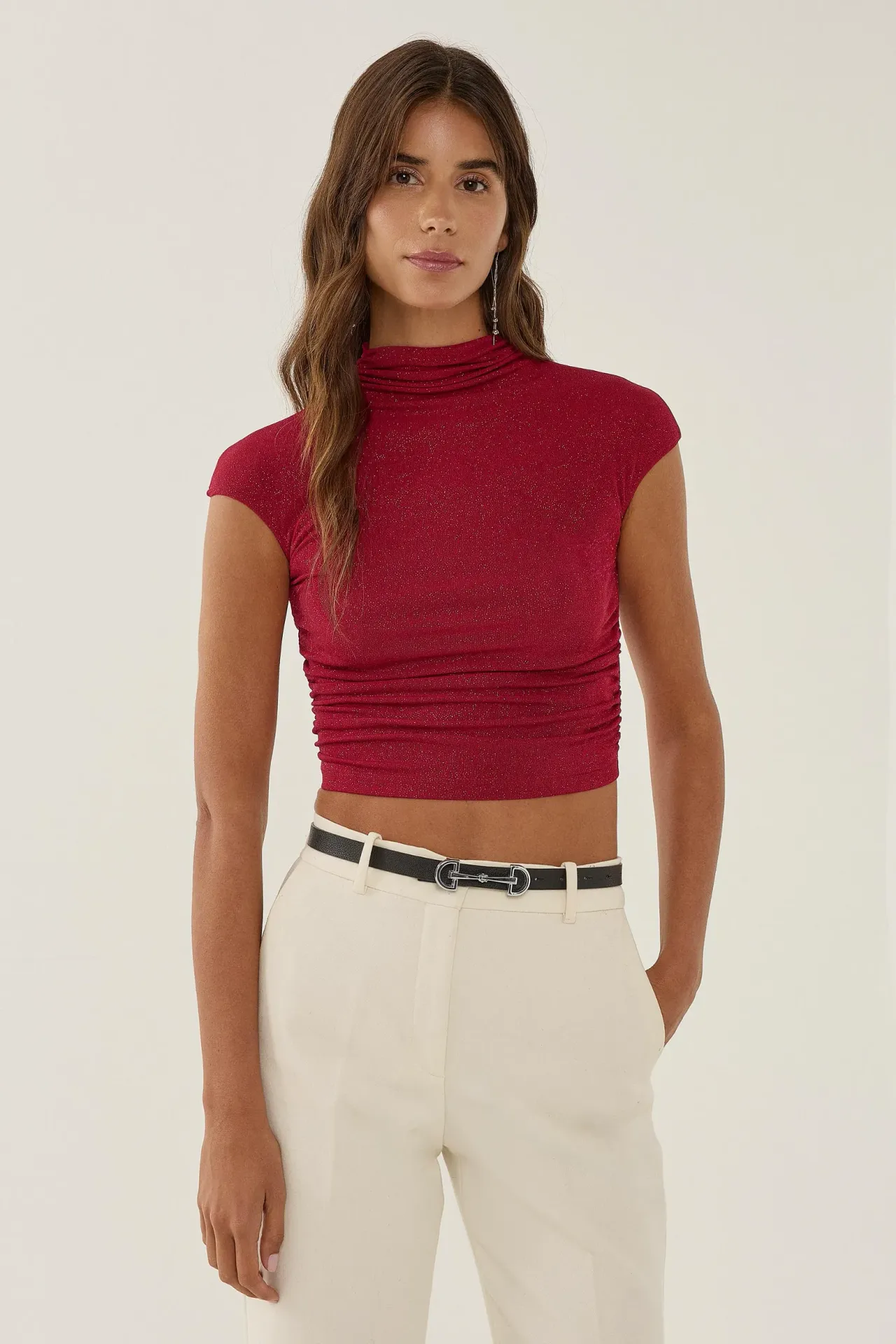 Half Turtleneck Fitted Crop Top with Glare Detail