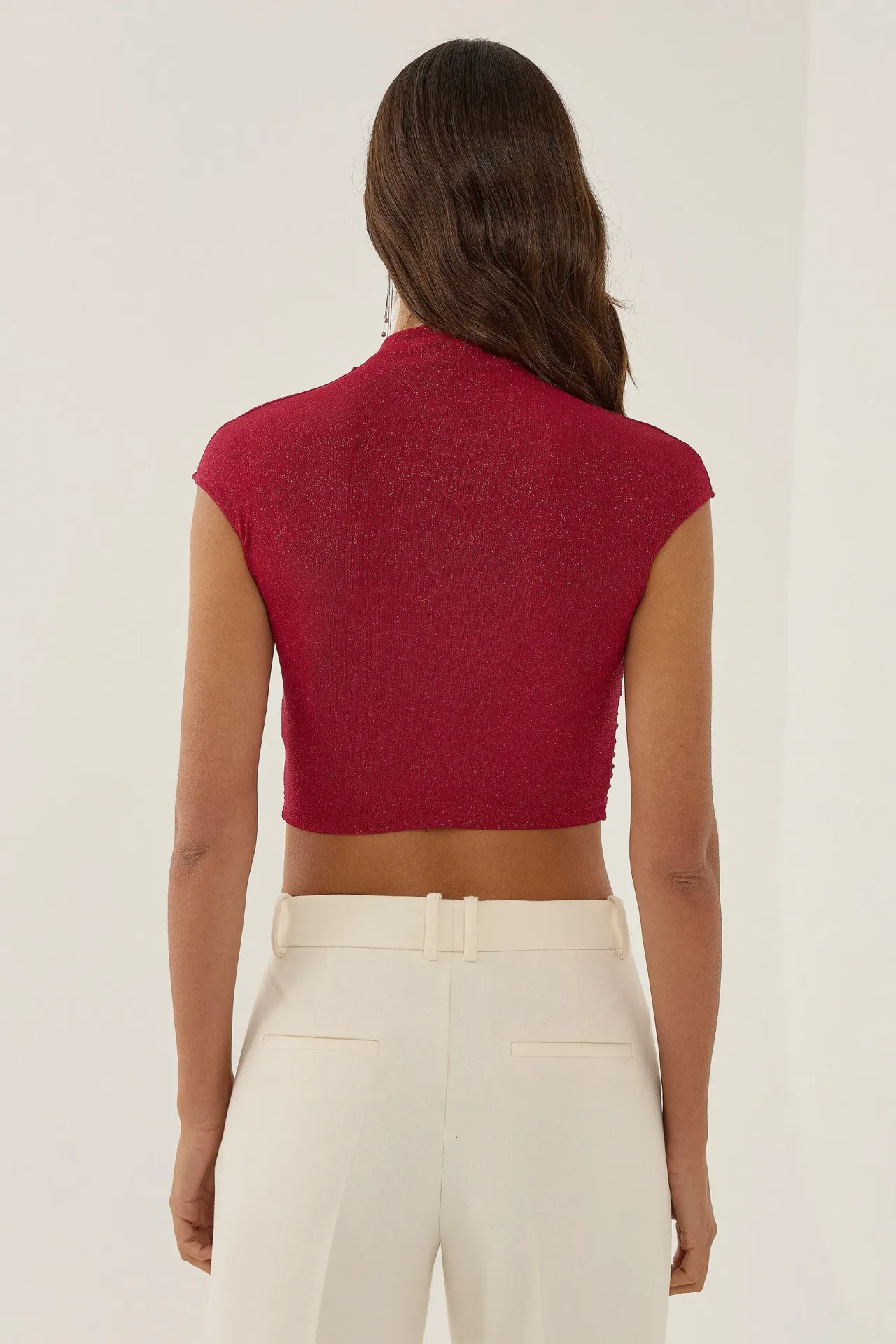 Half Turtleneck Fitted Crop Top with Glare Detail