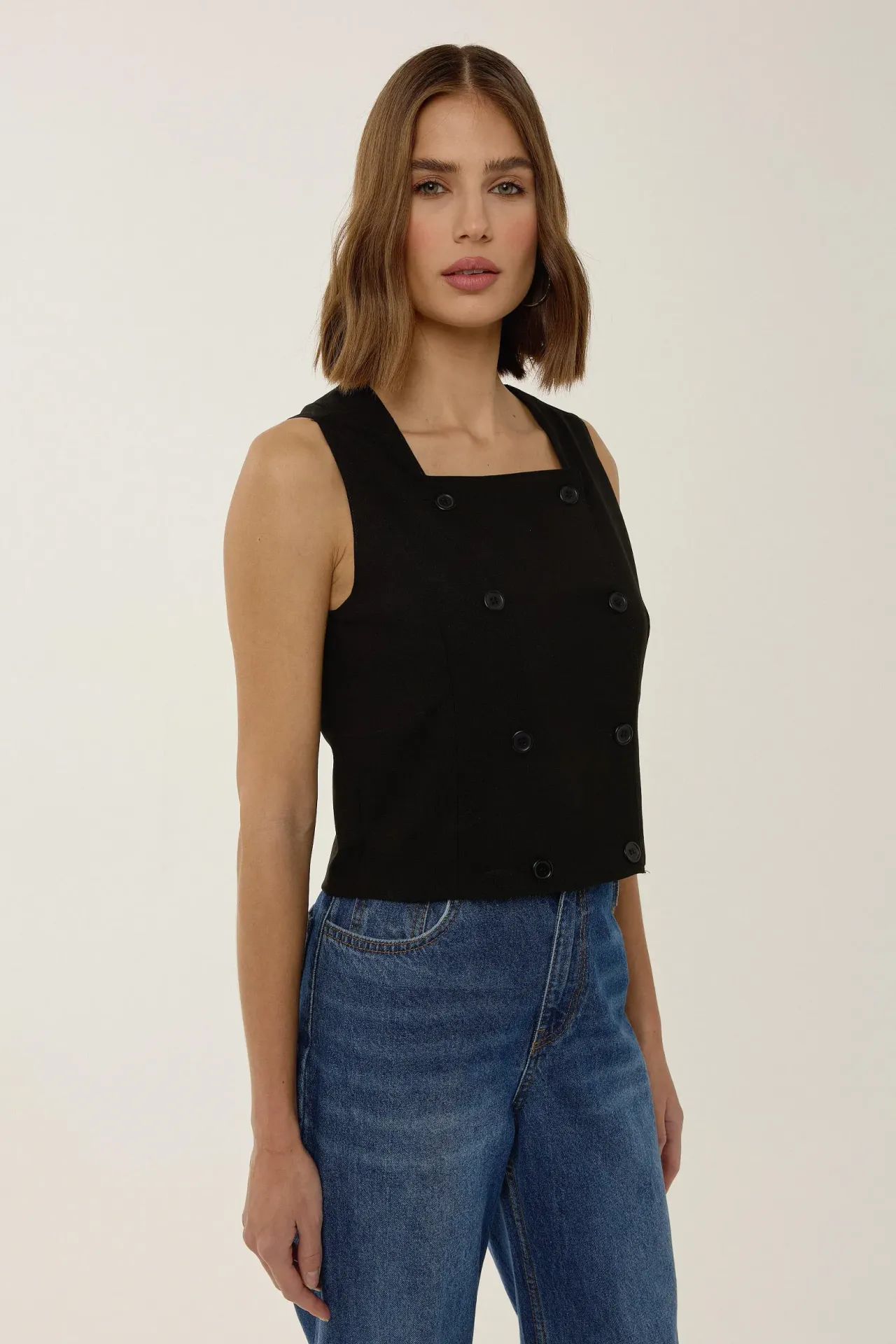 Square Neck Double Breasted Crop Vest