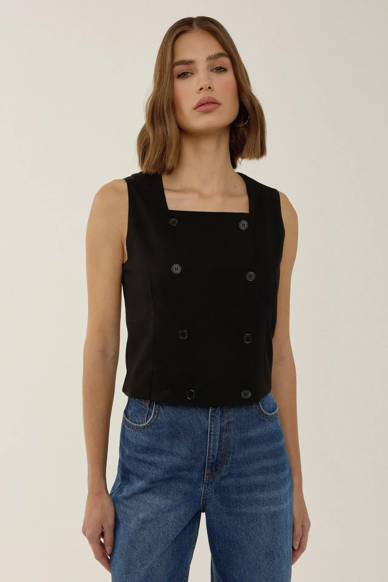 Square Neck Double Breasted Crop Vest