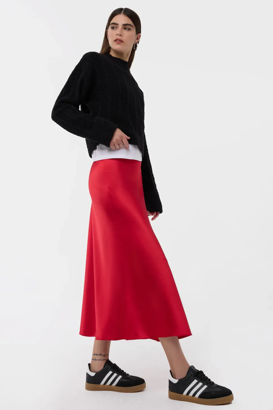 High-Waist Satin Midi Skirt