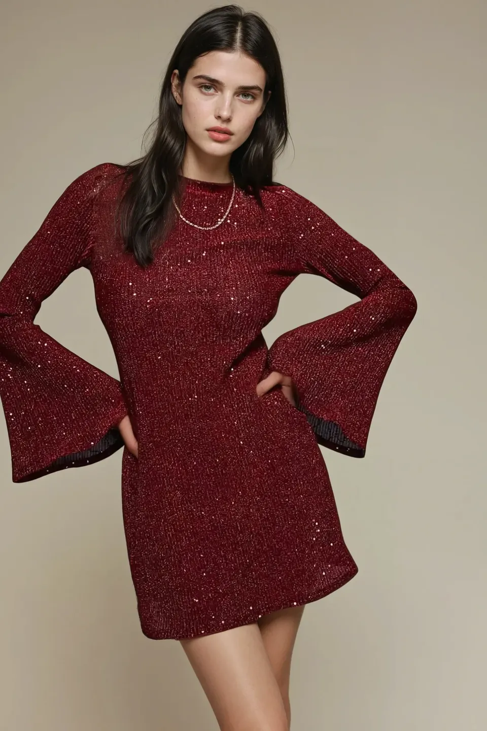 Burgundy Mini Sequin Dress with Angel Arms