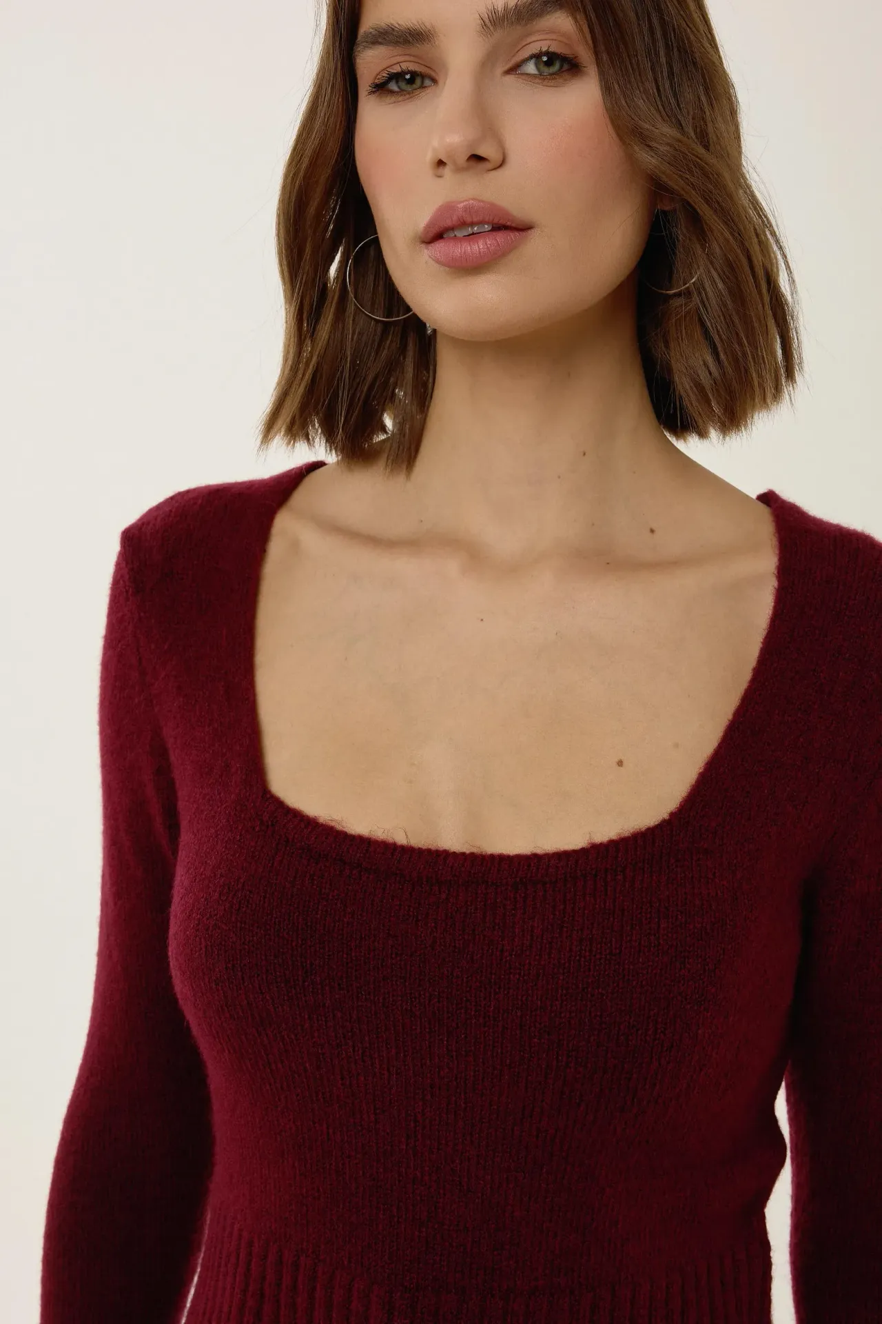 Square Collar Knitwear Sweater with Rib Detail