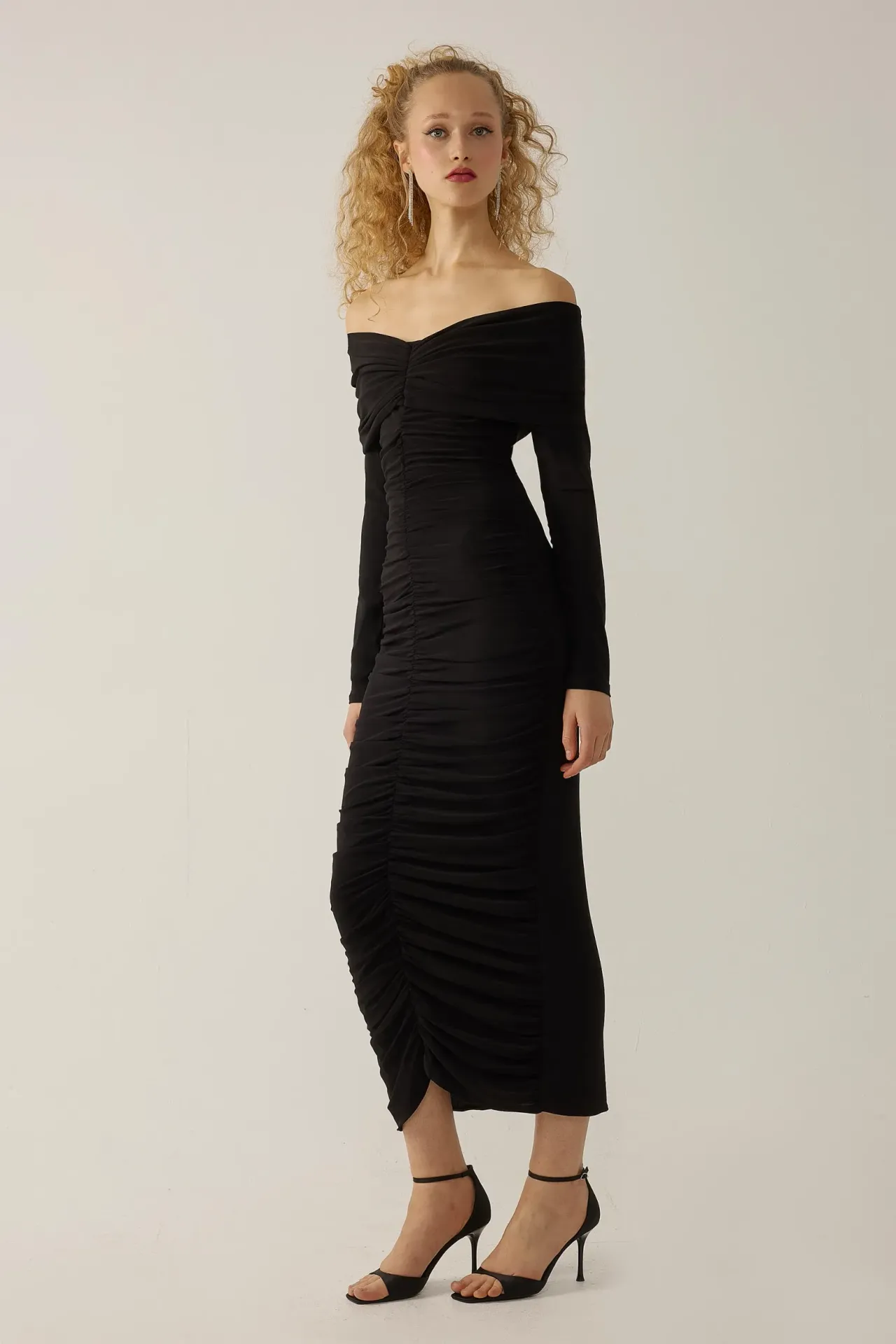 Off Shoulder Draped Bodycon Maxi Dress