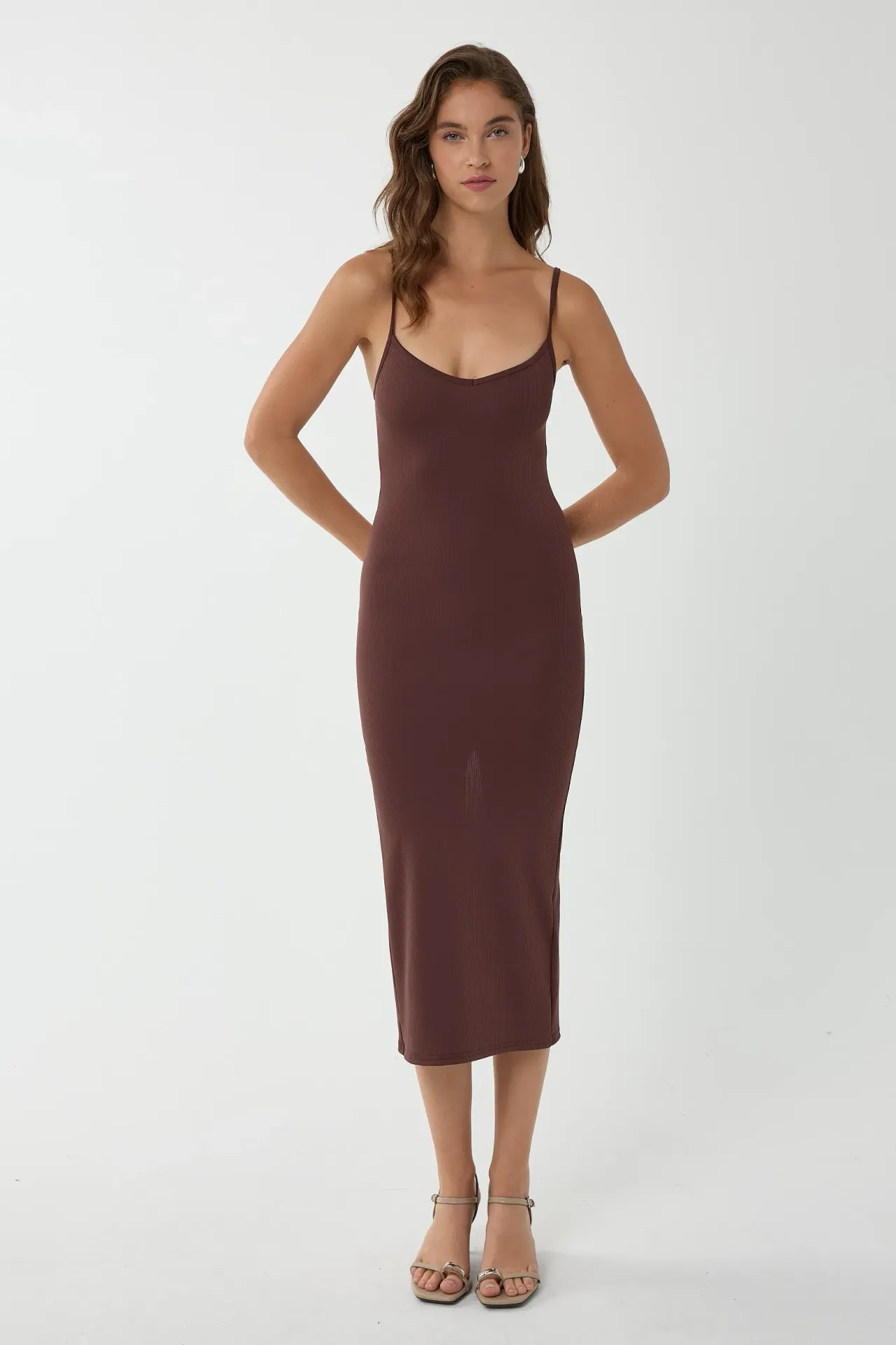 V-Neck Bodycon Midi Dress with Thin Straps