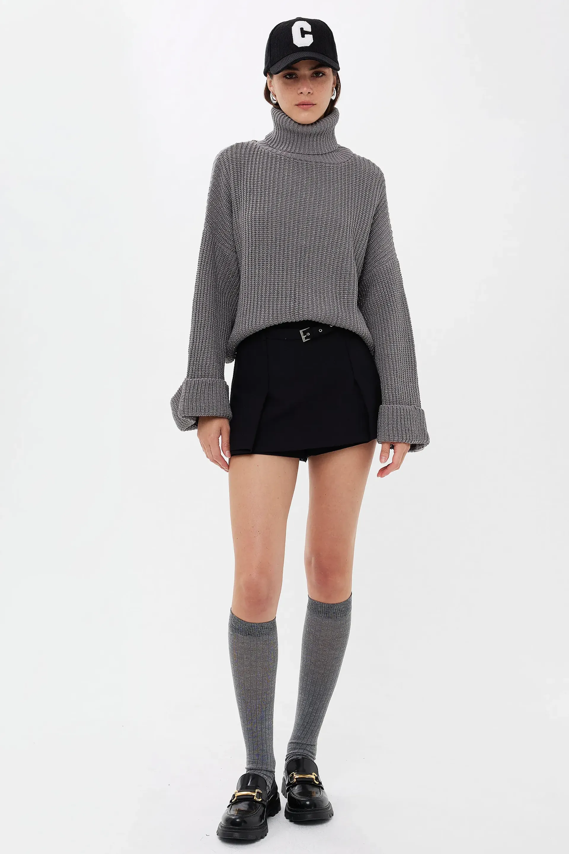 Grey Oversized High-neck Sweater Women