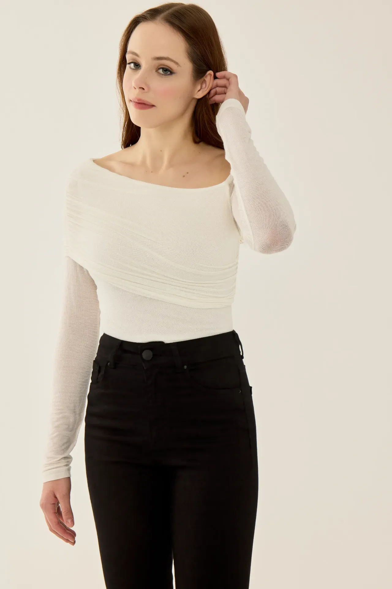 Asymmetrical Collar Long Sleeve Slim Fit Blouse