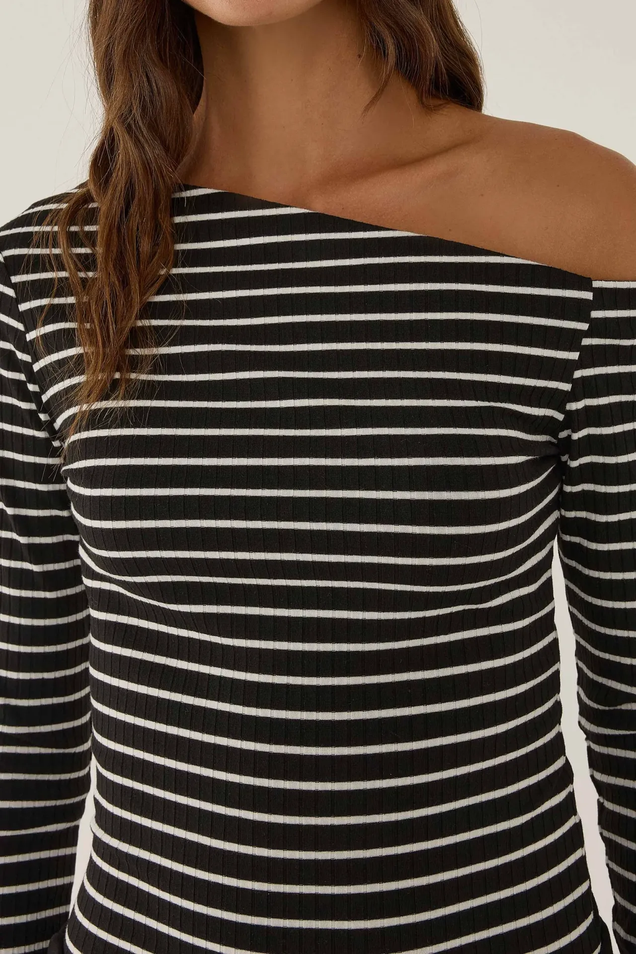 Striped Blouse with Asymmetrical  Shoulder