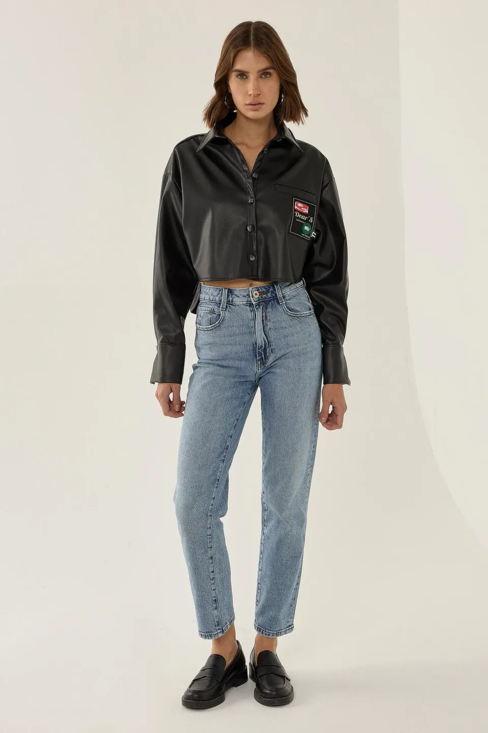 Faux Leather Relaxed Fit Crop Shirt with Applique