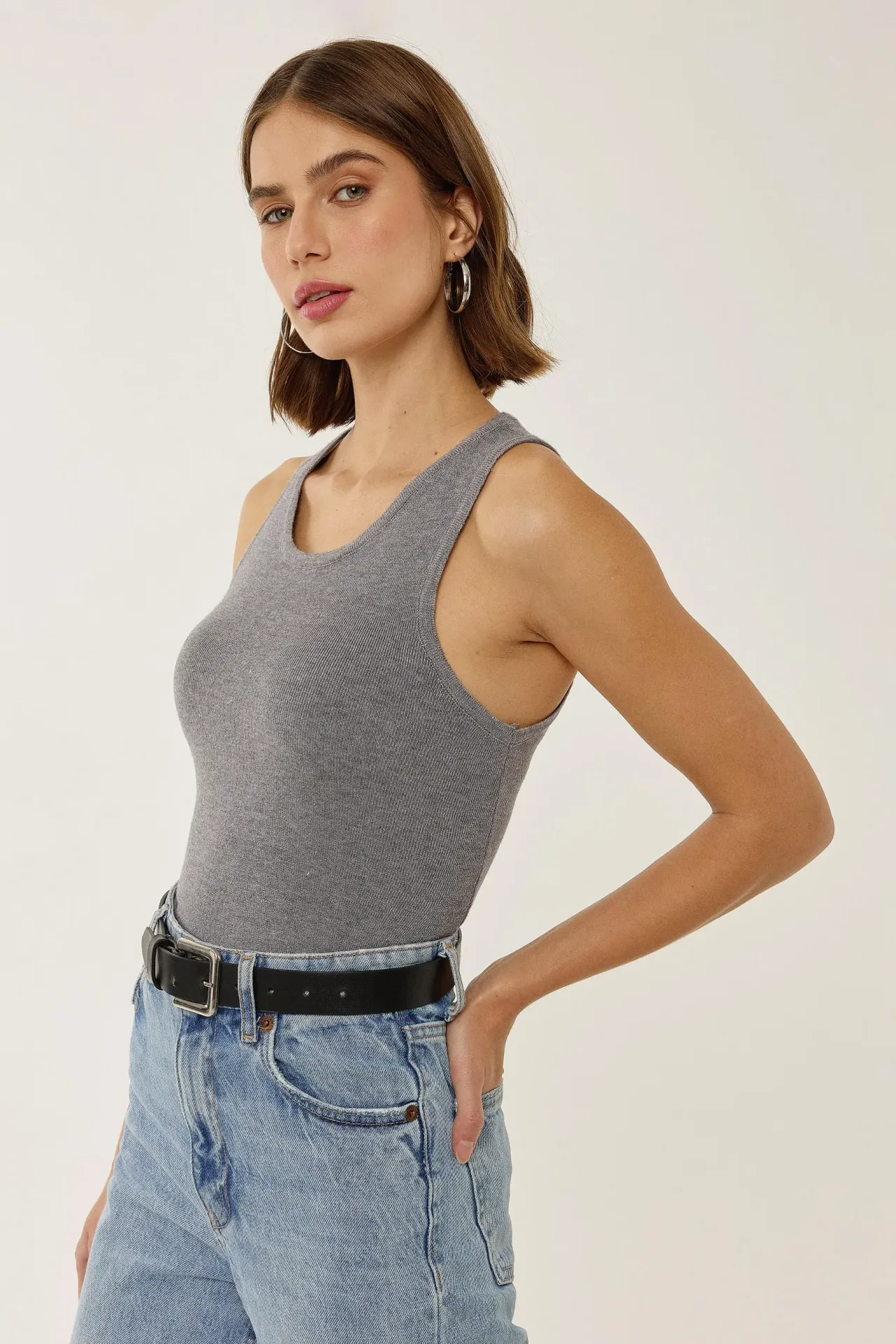 Fitted Ribbed U Collar Sleeveless Top