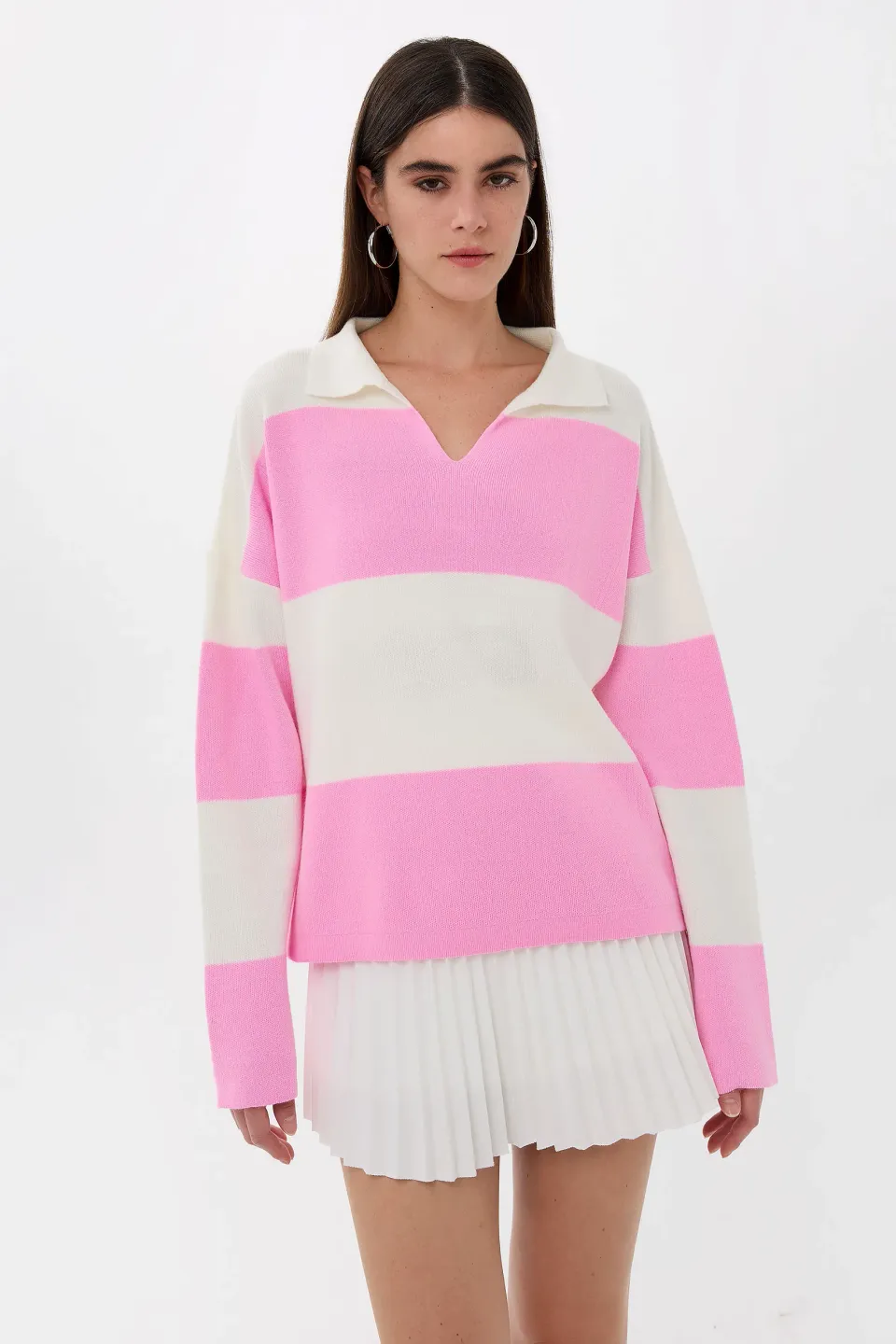 Striped Polo Collar Knit Sweater
