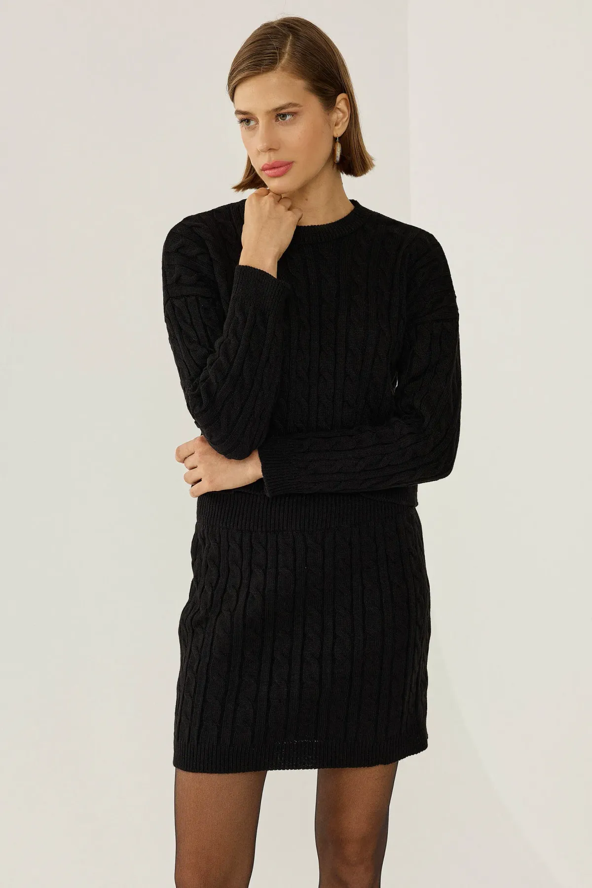 Crew Neck Knitted Sweater & High Waist Mini Skirt 2 Pieces Set 2