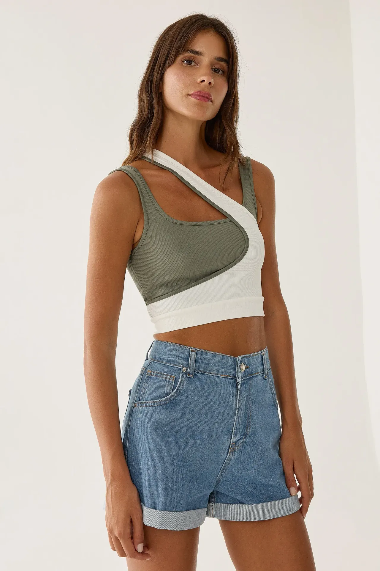 Contrast Asymmetrical Collar Tank Top