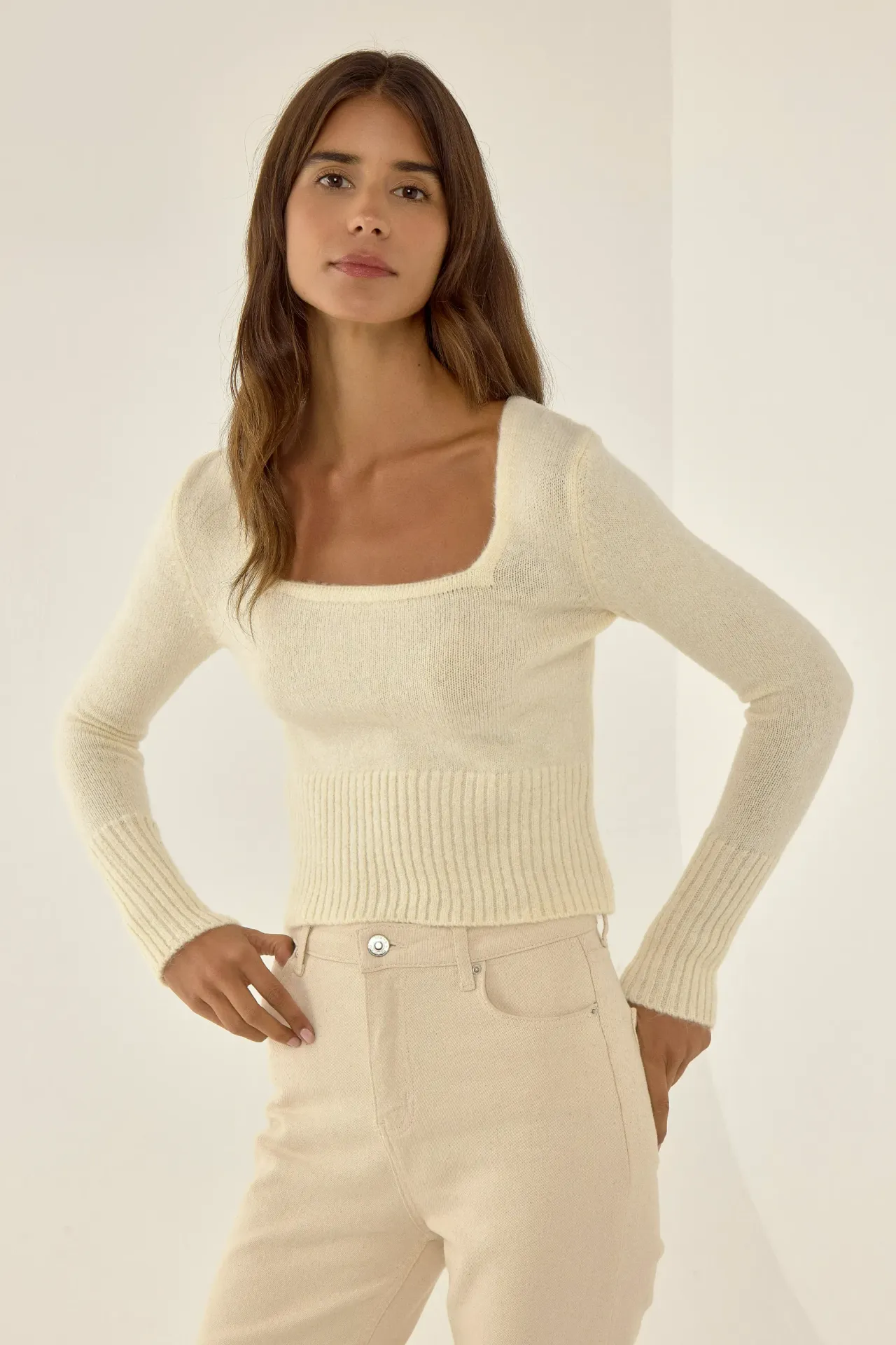 Square Collar Knitwear Sweater with Rib Detail
