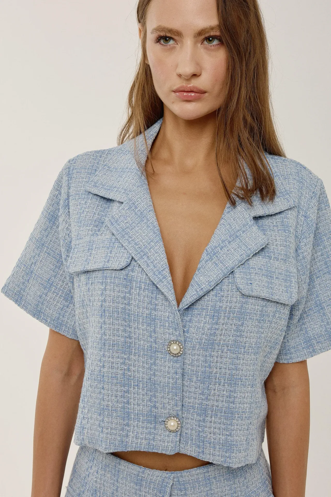 Buttoned Tweed Crop Jacket