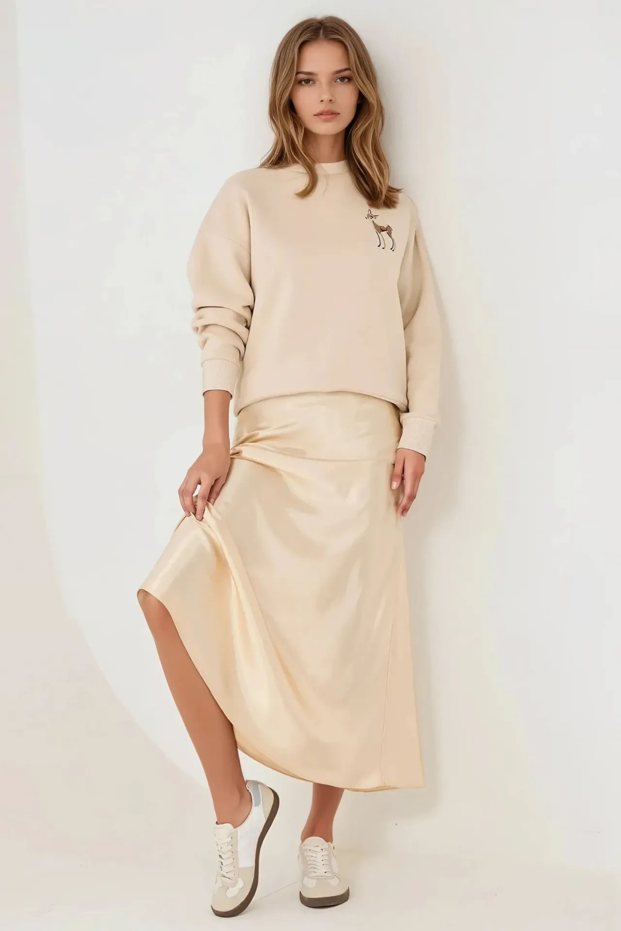 High-Waist Satin Midi Skirt
