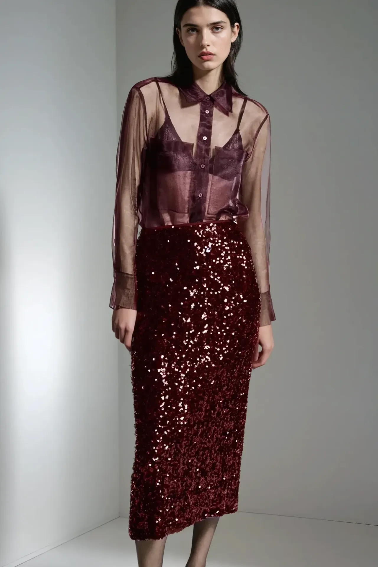 Sequin Midi Skirt with a Slit