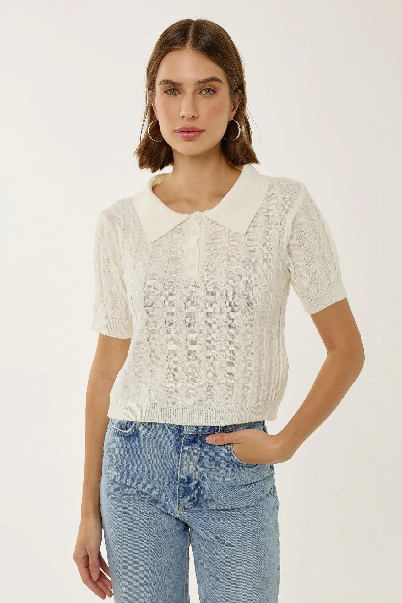 Shirt Collar Knit Top with Hair Braid Pattern