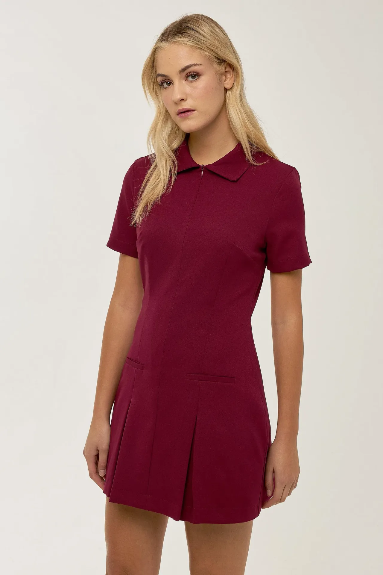 Polo Collar Pleated Mini Dress