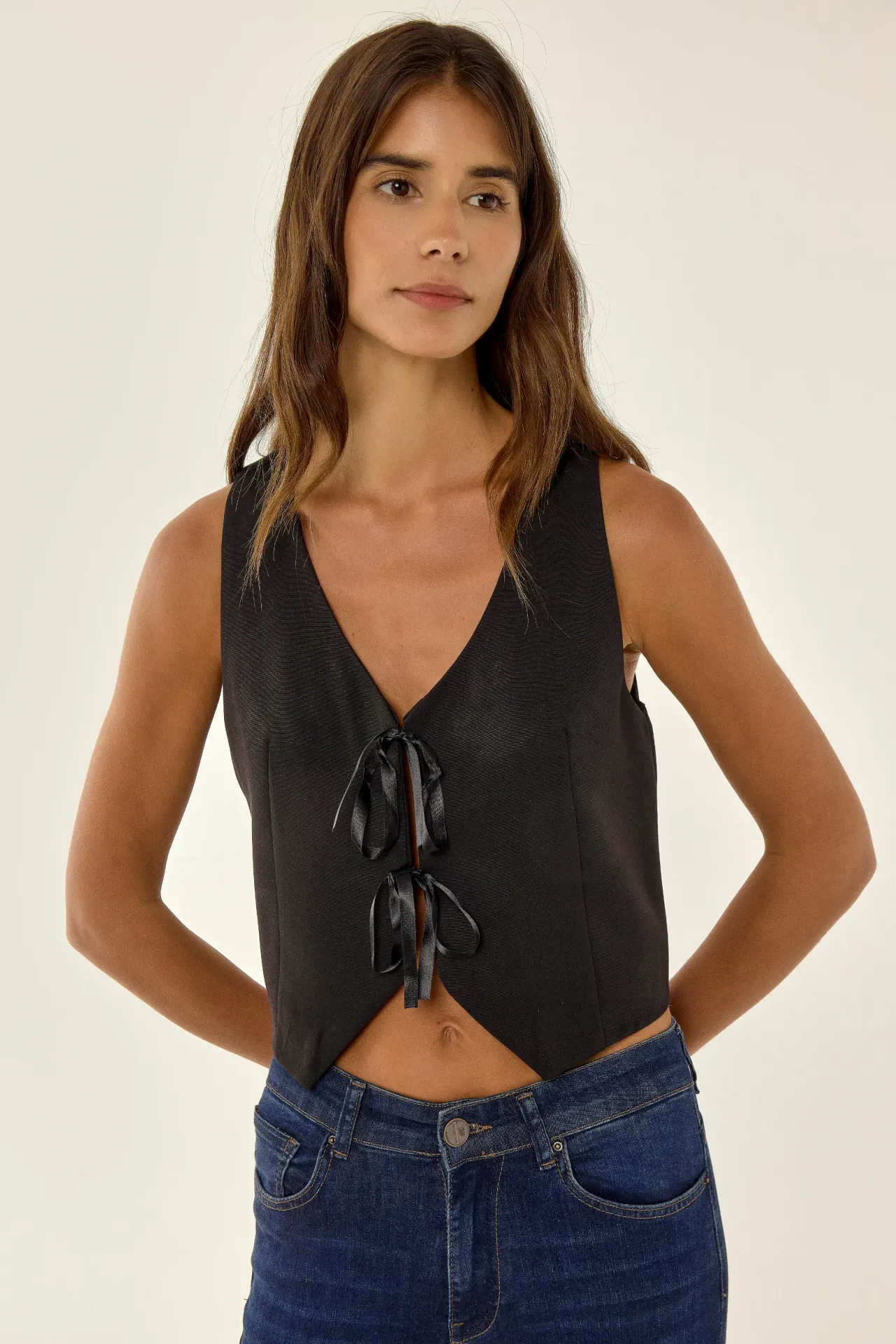 Ribbon Detail V-Neck Cropped Vest