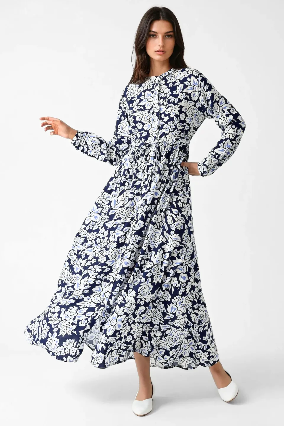 Printed Maxi Dress with Shirt Collar