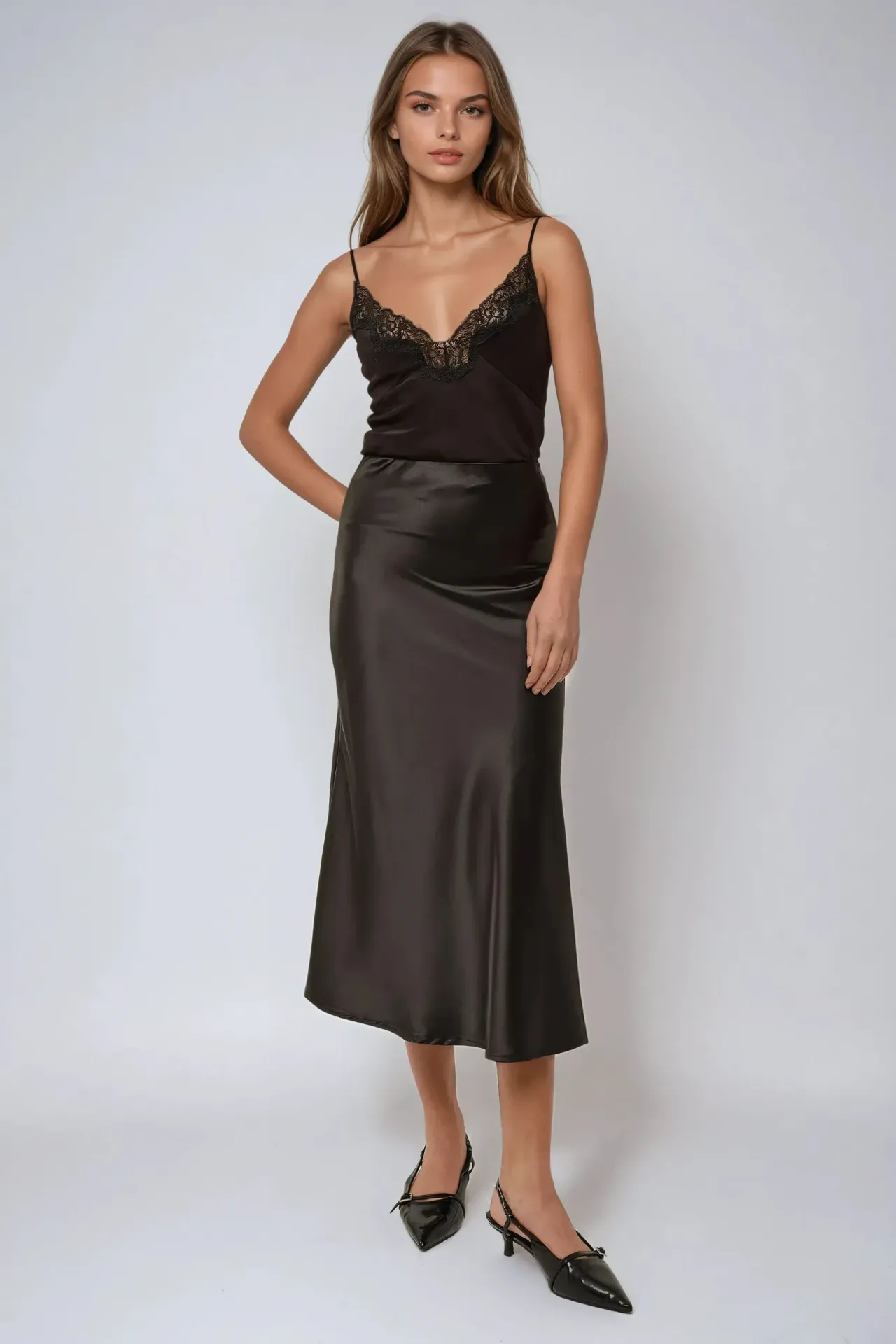 High-Waist Satin Midi Skirt