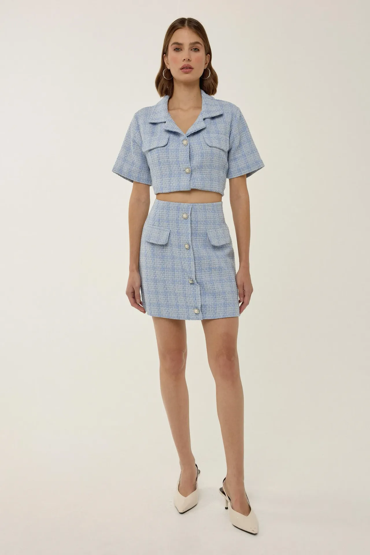 Buttoned Tweed Mini Skirt