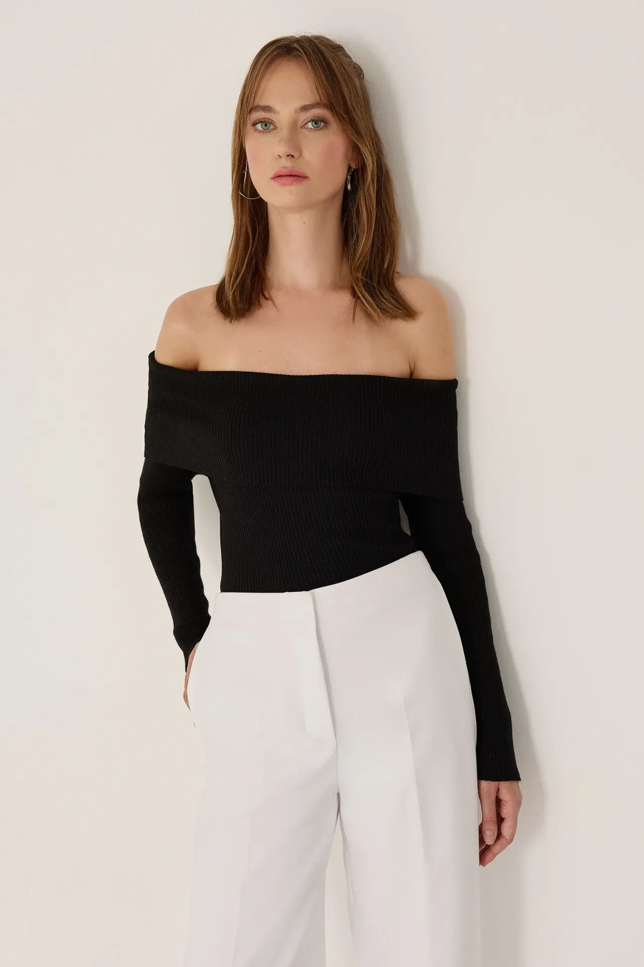 Off Shoulder Madonna Collar Knit Top