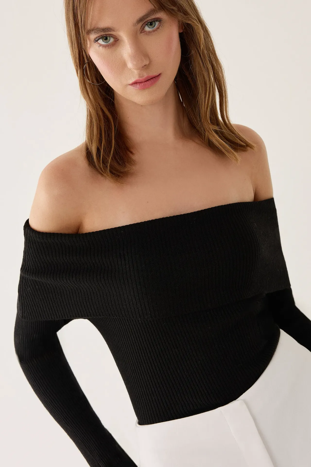 Off Shoulder Madonna Collar Knit Top