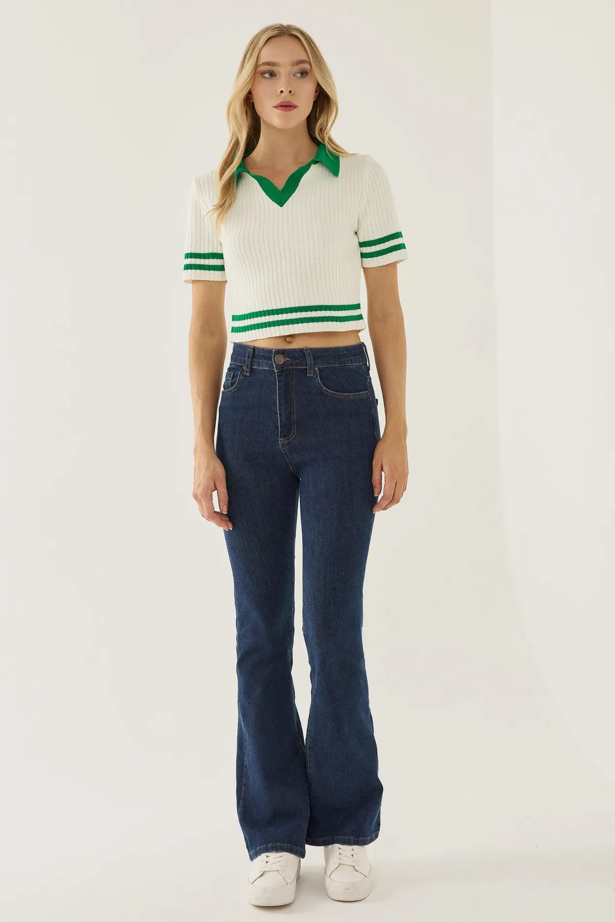 Color Blocked Knit Top with Shirt Collar 2