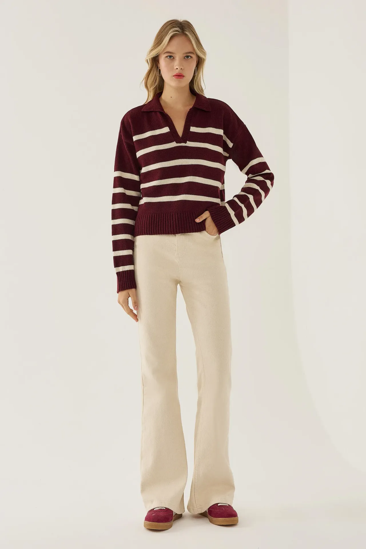 Striped Polo Collar Knit Sweater