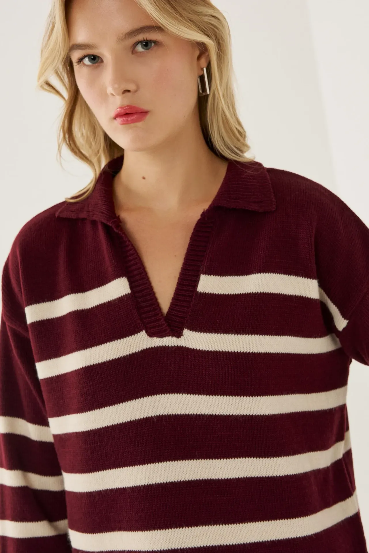 Striped Polo Collar Knit Sweater