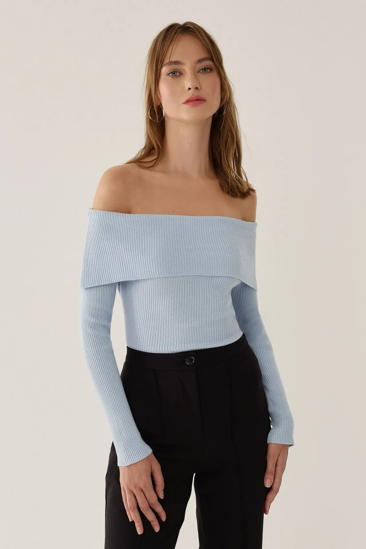 Off Shoulder Madonna Collar Knit Top