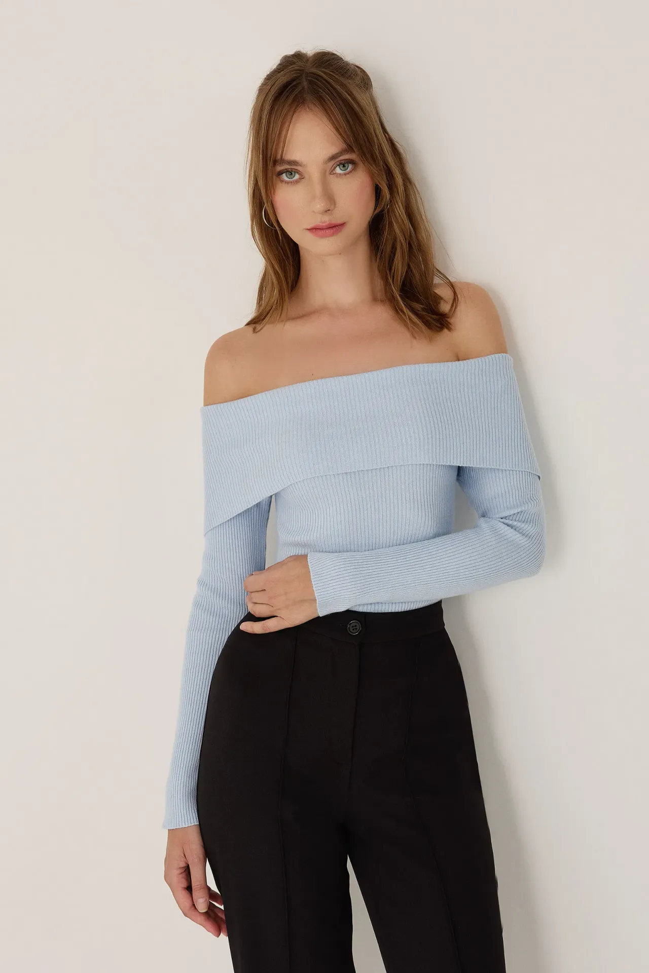 Off Shoulder Madonna Collar Knit Top