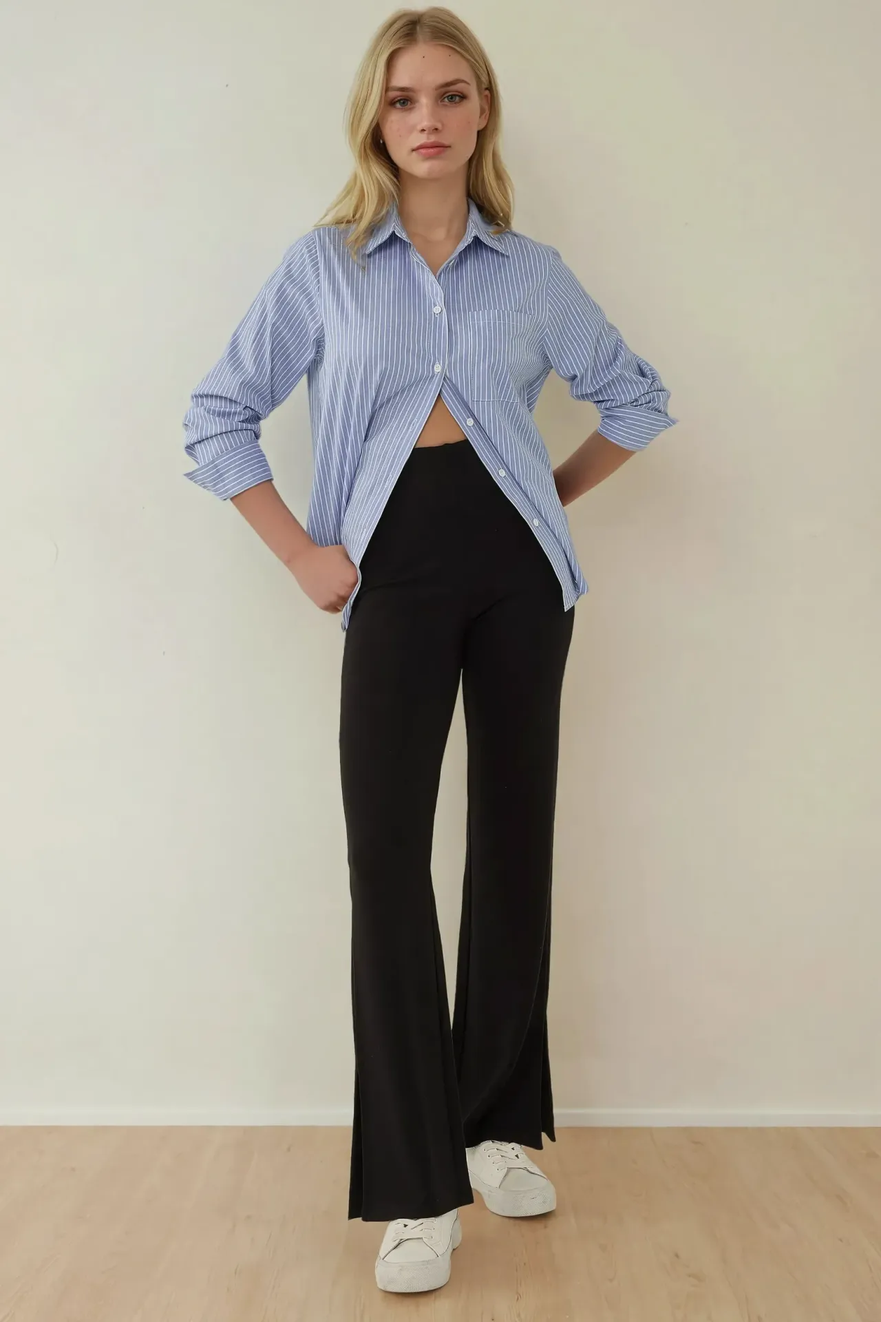 High Waist Flare Leg Pants with Slit