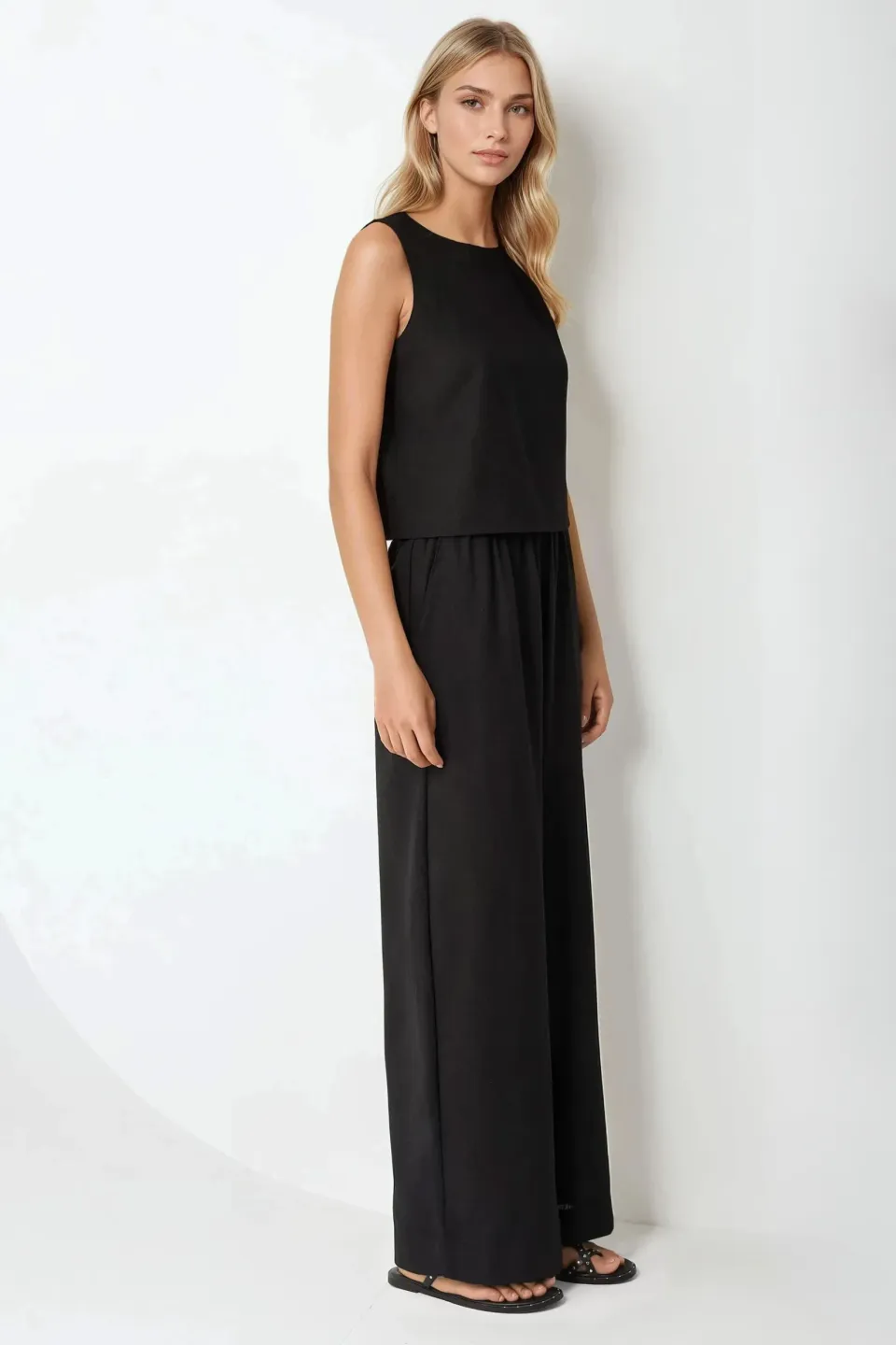 Linen Feel Blouse & Elastic Waist Pants Two-Piece Coord Set