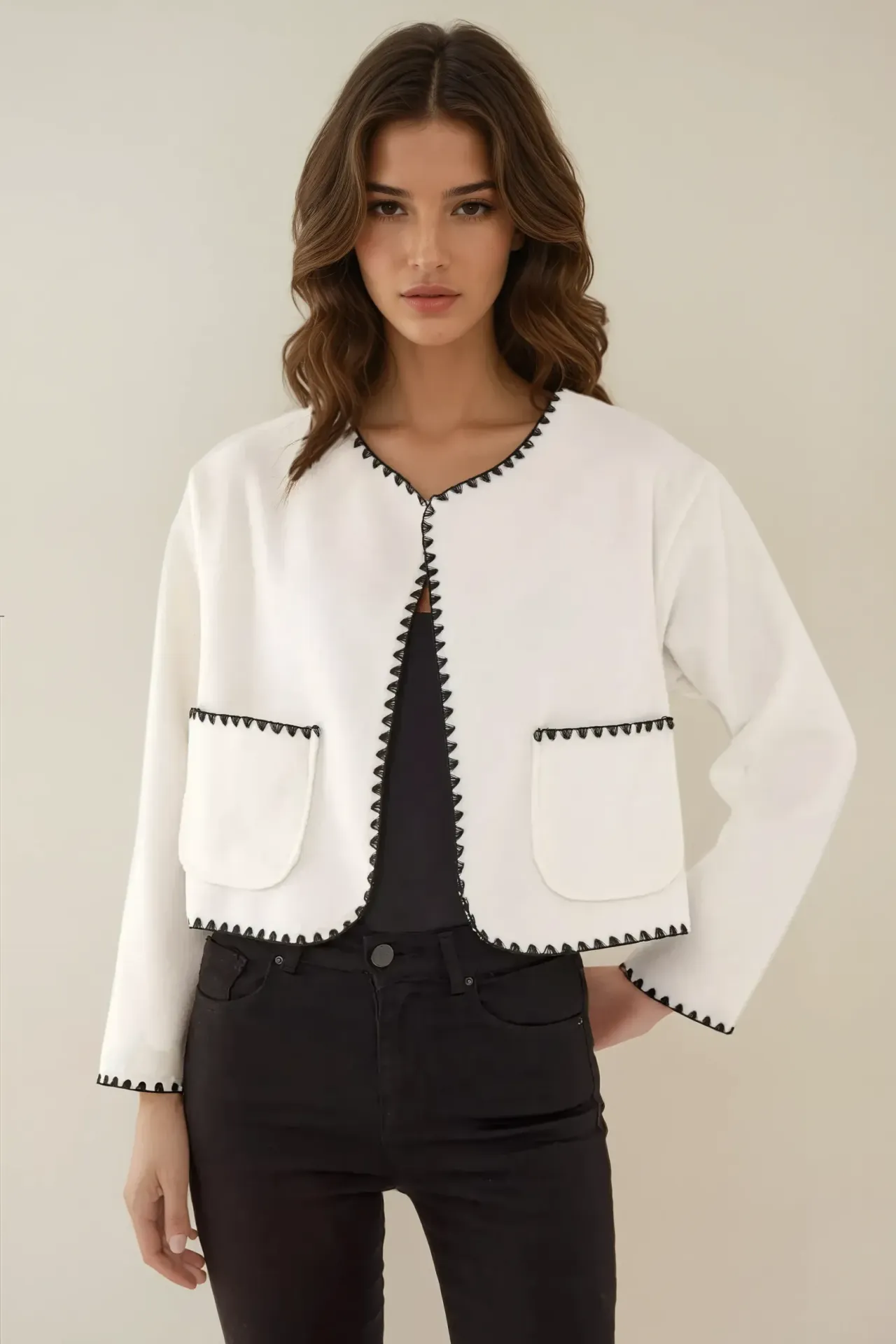 Collarless Jacket with Contrast Stitch