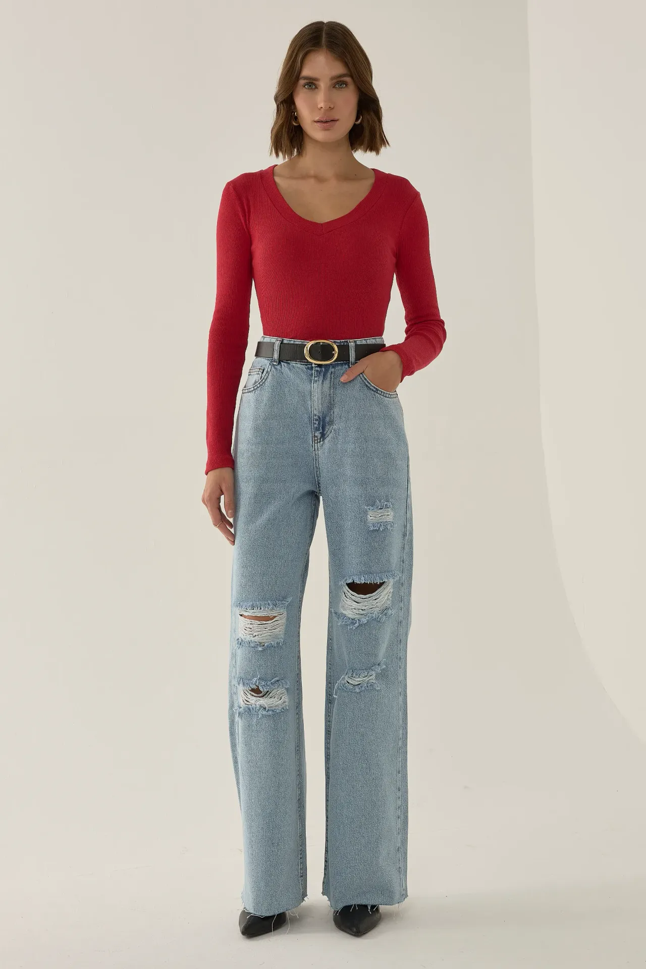 Ripped High Waist Wide Leg Denim Jeans