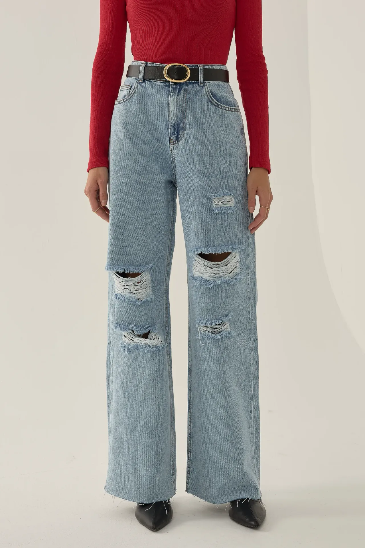 Ripped High Waist Wide Leg Denim Jeans