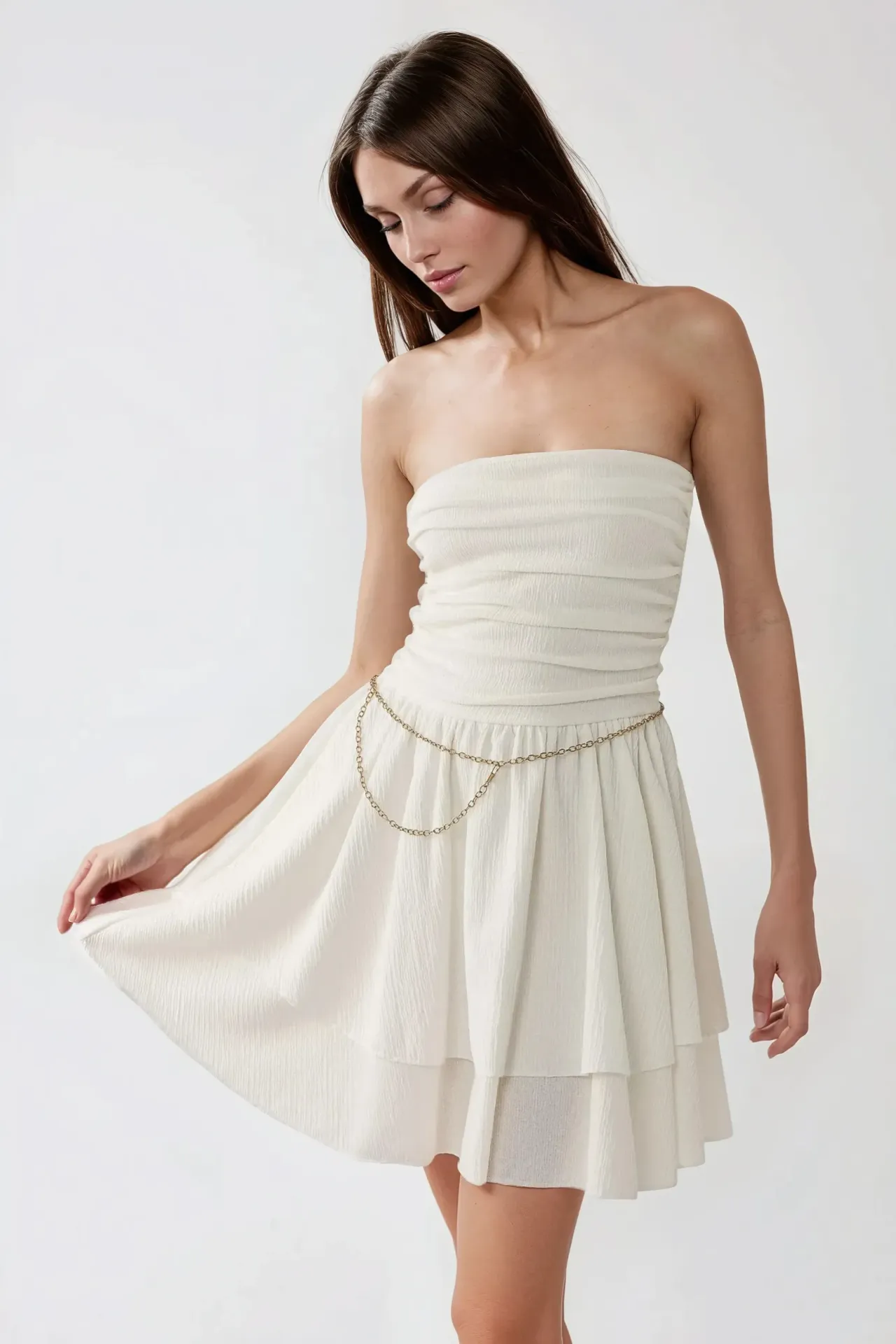 Strapless Textured Ruffle Mini Dress