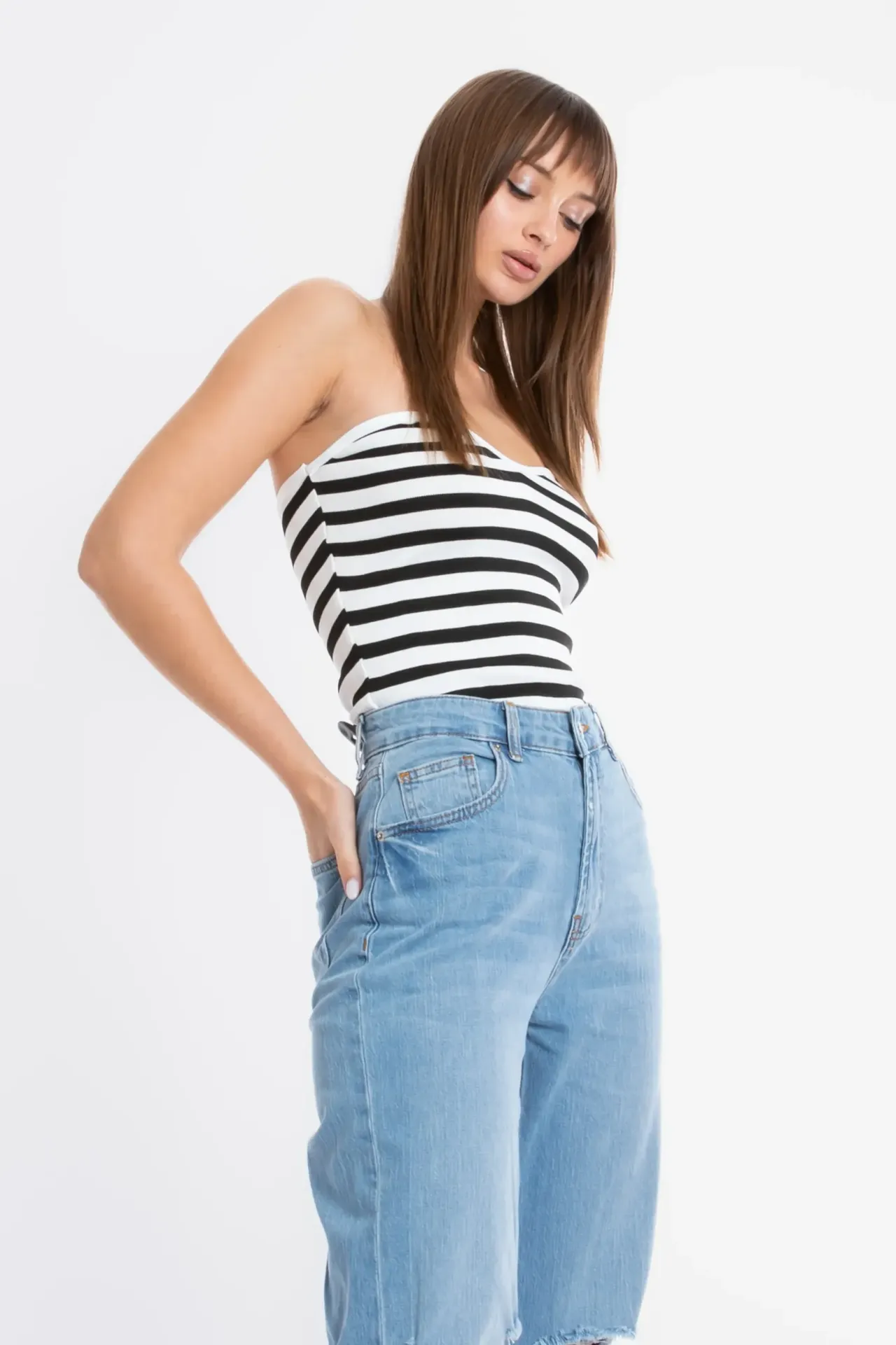 Striped Strapless Knitted Crop Top