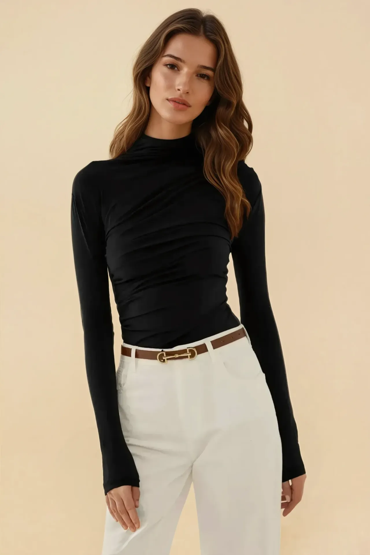 High Collar Drape Detail Blouse