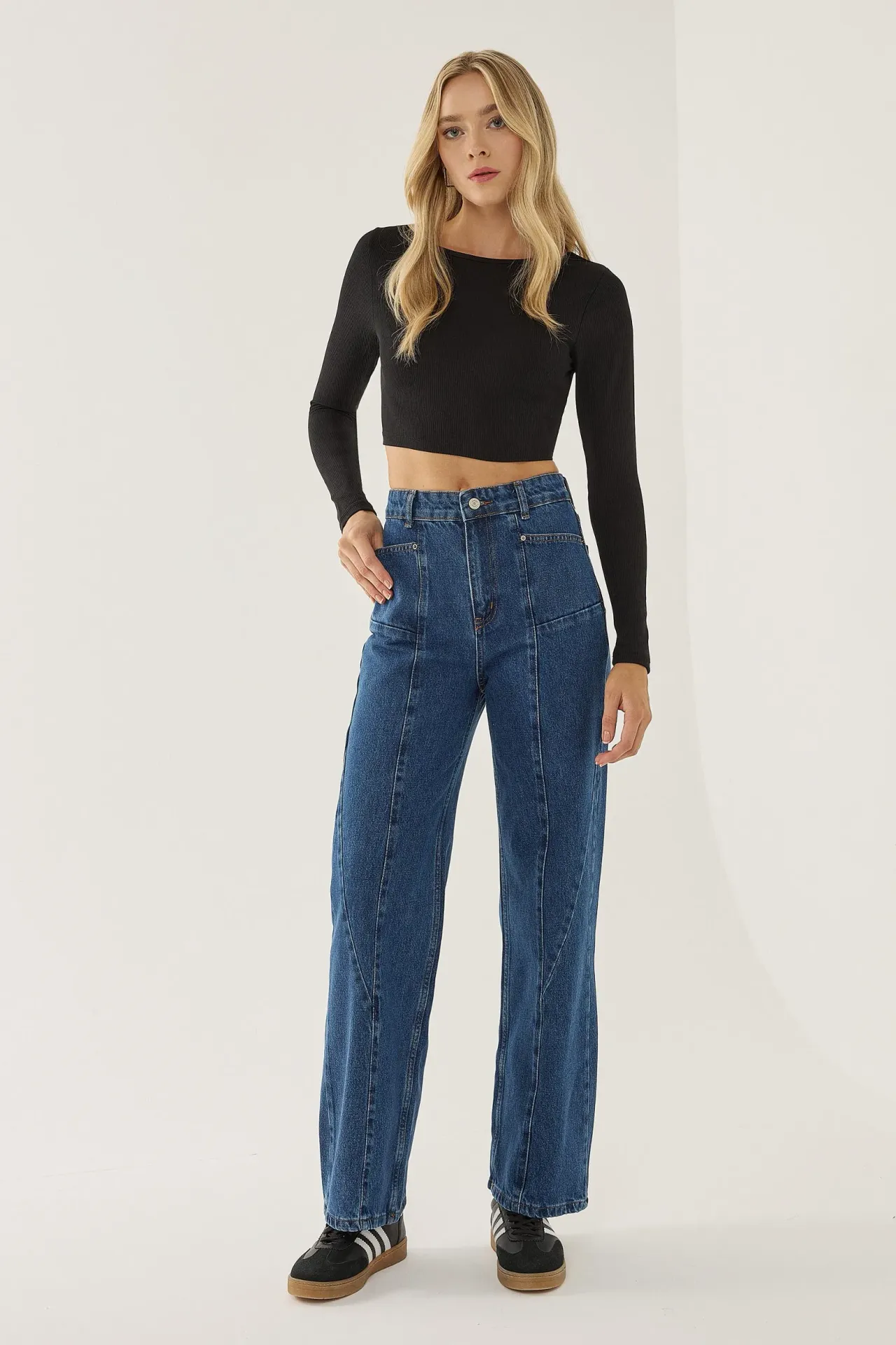 Wide Leg Jeans with Stitch Detail 